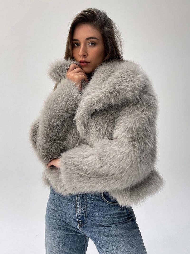 Damen Modischer Kunstpelz-Cropped-Jacke mit voluminösen Ärmeln Heidi-Mode