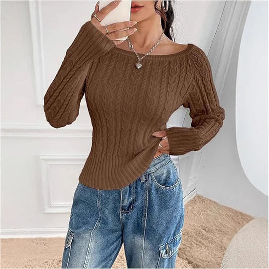 Damen Grobstrick Pullover mit offener Schulterpartie und Zopfmuster Heidi-Mode