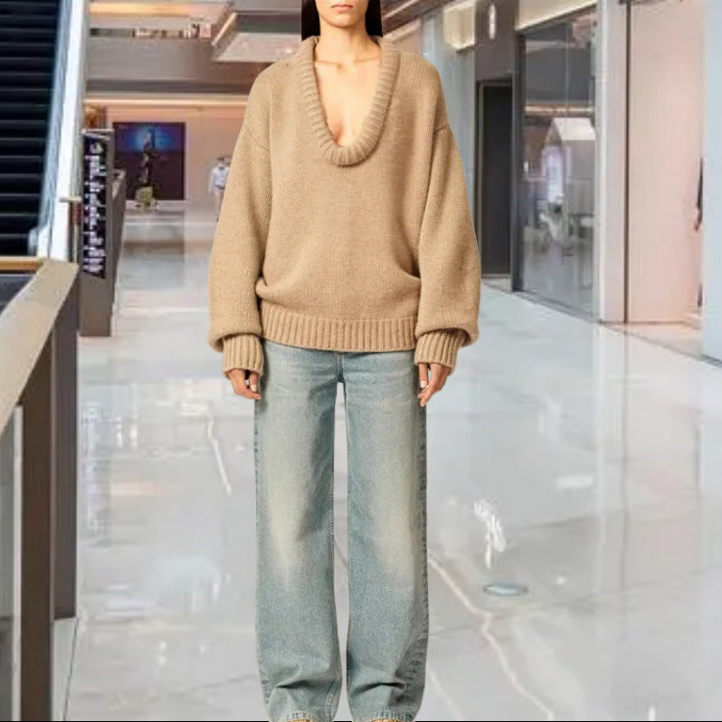 Damen Strickpullover mit V-Ausschnitt und lässigem Schnitt Heidi-Mode