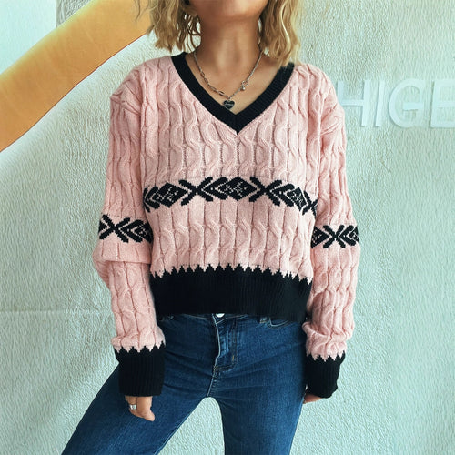 Damen lässiger Strickpullover mit modernem Zopfmuster und kontrastierenden Akzenten Heidi-Mode