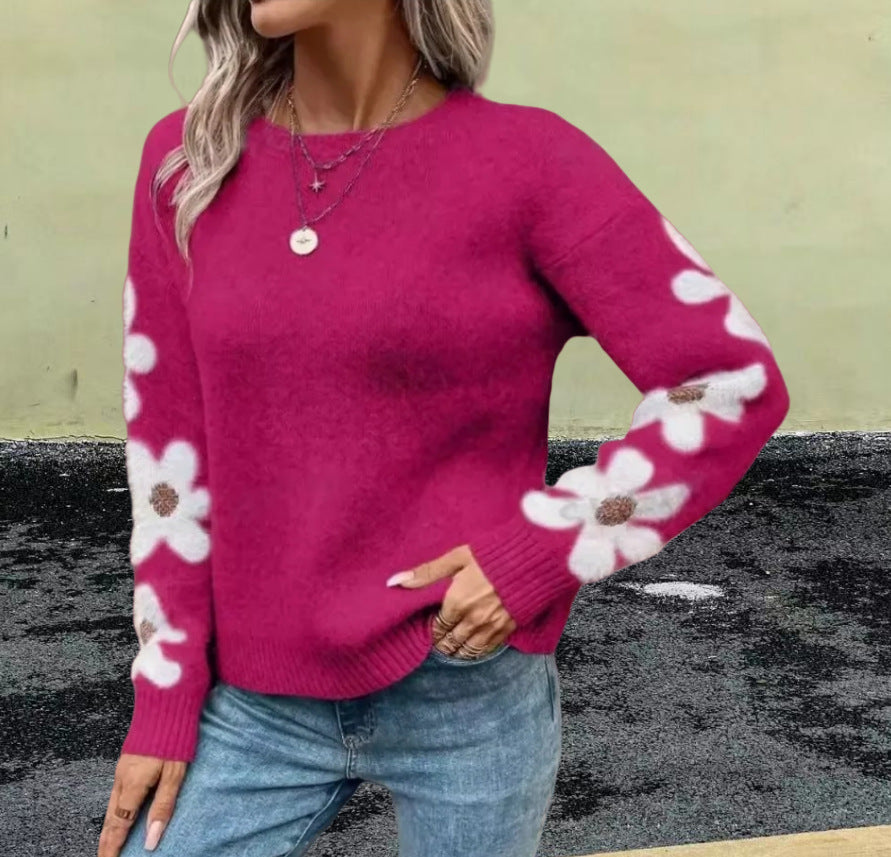 Damen Strickpullover mit floralem Muster und Rundhalsausschnitt Heidi-Mode