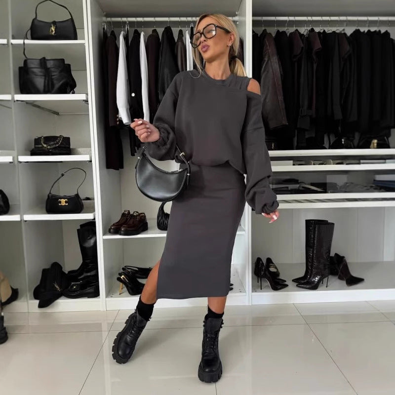 Damen legeres Sweatkleid mit asymmetrischem Saum und luftigen Ärmeln Heidi-Mode