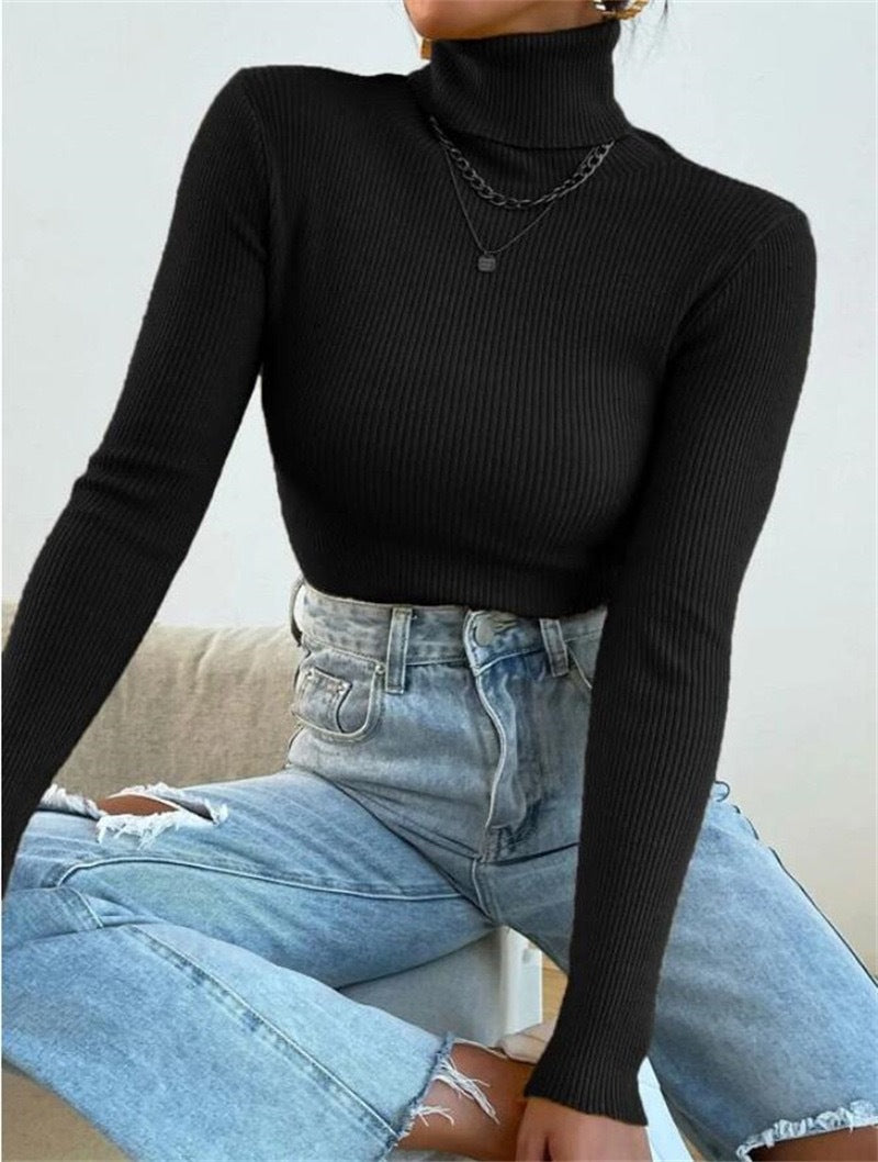 Damen Eleganter Rollkragenpullover mit feiner Rippstruktur Heidi-Mode
