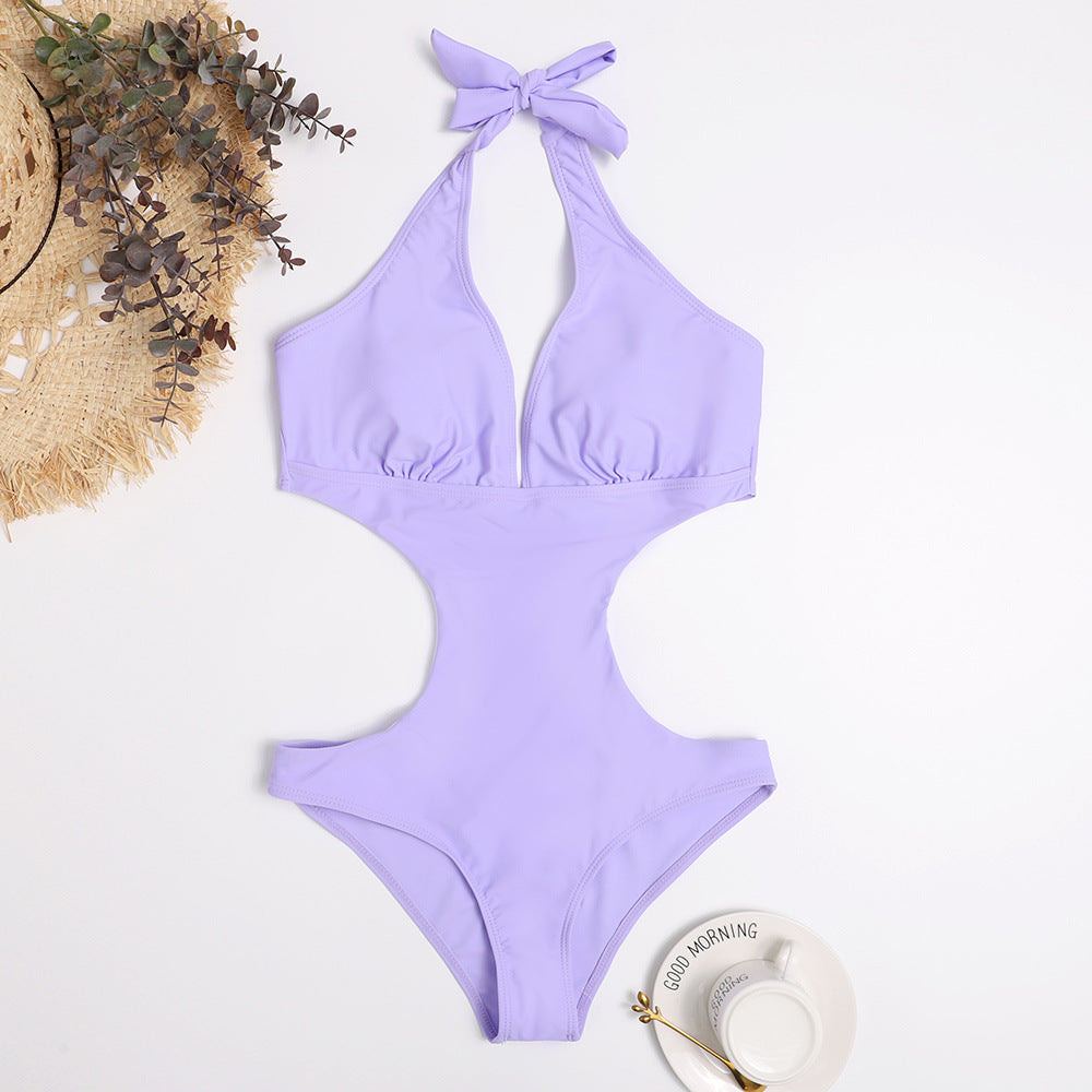 Damen Cut-Out Badeanzug mit verstellbarem Halsband und tiefem V-Ausschnitt Heidi-Mode