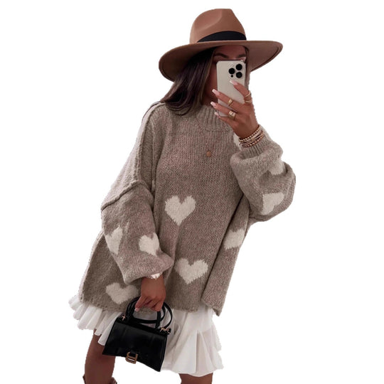Damen grob gestrickter Pullover mit Herzmotiven und lässigem Schnitt Heidi-Mode