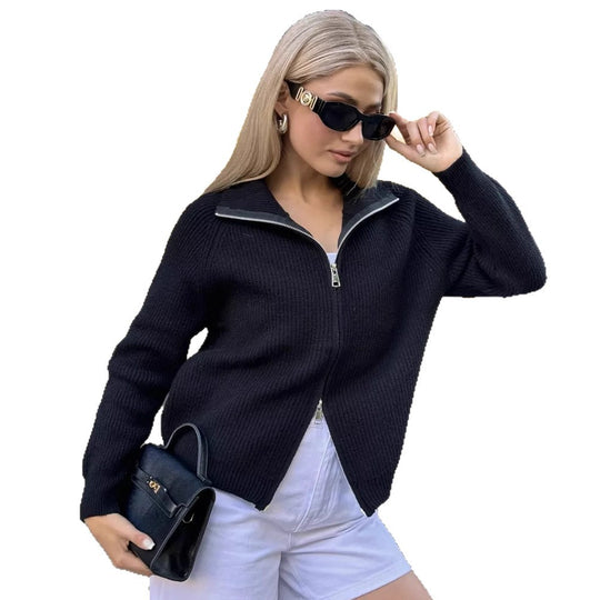 Damen Pullover mit hochschließendem Reißverschluss und strukturiertem Maschenmuster Heidi-Mode