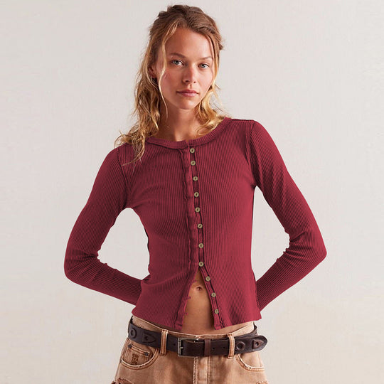 Damen Langärmliges Rippoberteil mit durchgehender Knopfleiste und figurbetontem Schnitt Heidi-Mode