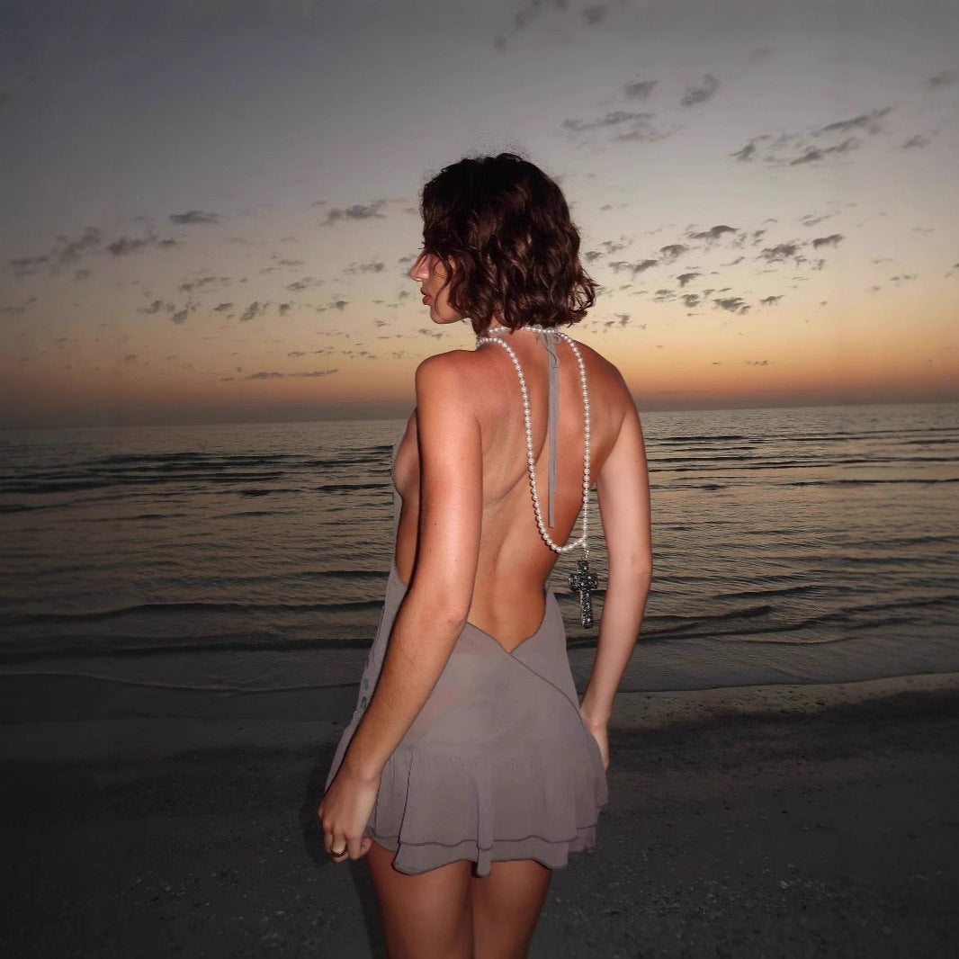 Damen ärmelloses Sommeroberteil mit funkelnden Pailletten und Rüschensaum Heidi-Mode