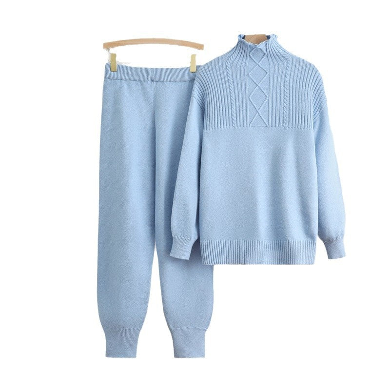 Damen gemütliches Strick-Loungewear-Set mit hohem Kragen und Rippstruktur Heidi-Mode