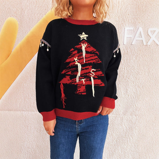 Damen Weihnachts-Pullover mit festlichem Baum-Motiv und edlen Details Heidi-Mode