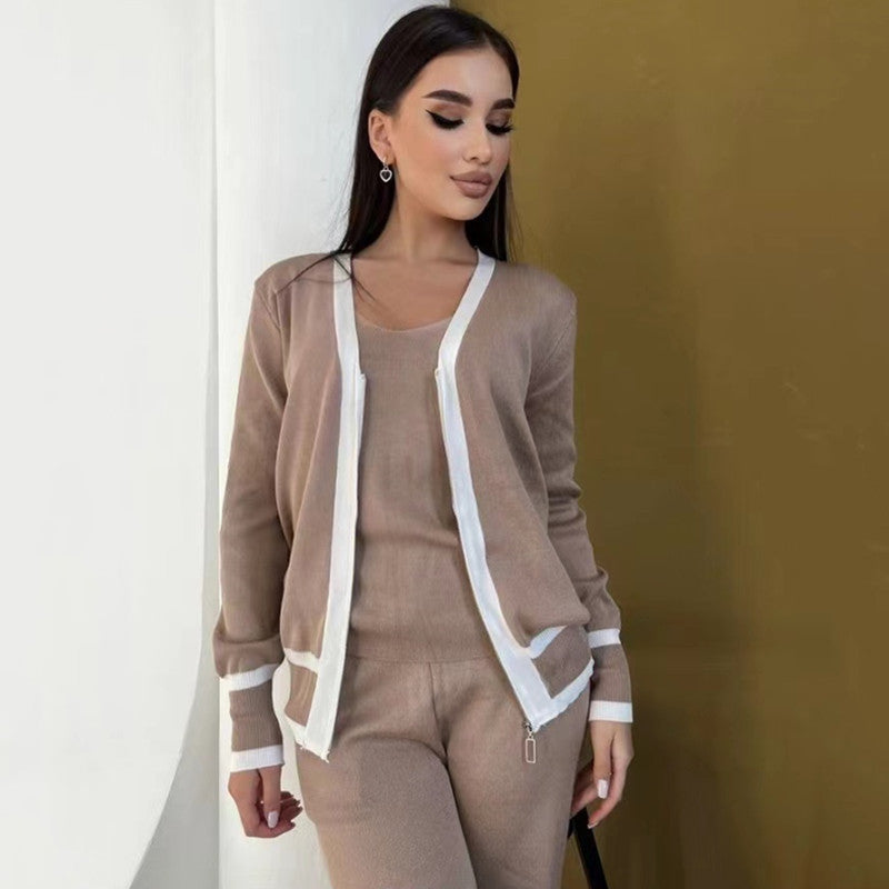 Damen lässiges Strick-Loungewear-Set mit hochwertigem Zip-Cardigan und Weitbein-Hosen Heidi-Mode
