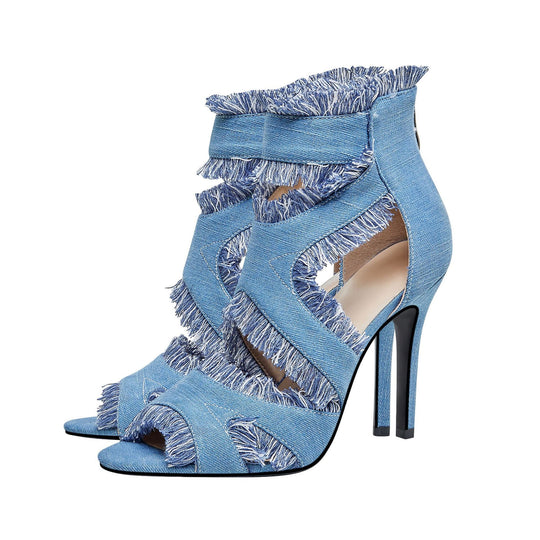 Femme Offene Zehen Fransen Detail Stiletto Stiefel Heidi-Mode