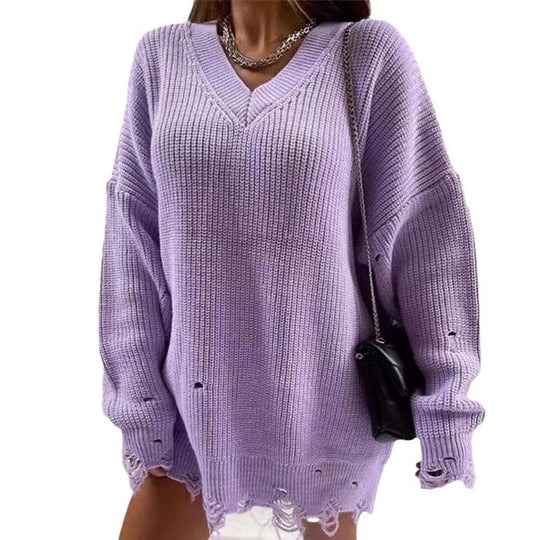 Damen Grobstrick Pullover mit V-Ausschnitt und lässigem Schnitt Heidi-Mode