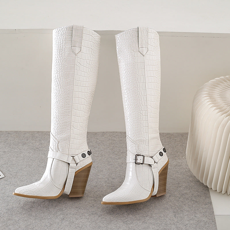 Damen kniehohe Stiefel mit Krokodilprägung und Blockabsatz Heidi-Mode