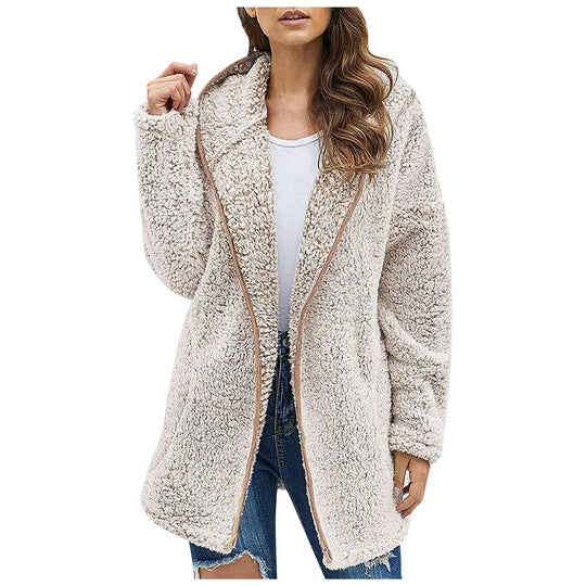 Damen Flauschige Kapuzenjacke im oversized Schnitt mit Eingrifftaschen und Reißverschluss Heidi-Mode