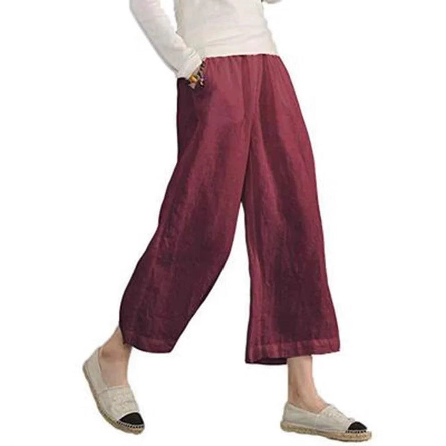 Damen weite Leinenhose mit seitlichen Taschen und elastischem Bund Heidi-Mode