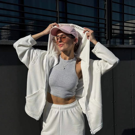 Damen modisches Sport-Lounge-Set mit künstlerischen Cut-Outs und übergroßem Hoodie Heidi-Mode