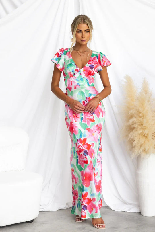 Heidi-Mode | Frühling Sommer Blumen Frisch Süß V-Ausschnitt Lotus Blatt Ärmel Mittel-Lang Kleid