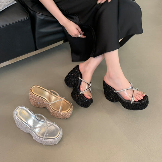 Damen Plateau-Sandalen mit glamourösem Pailletten-Design und trendigem Riemen Heidi-Mode