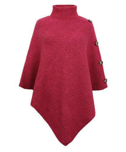 Damen Strick-Poncho mit steigendem Kragen und dekorativen Knopfdetails Heidi-Mode