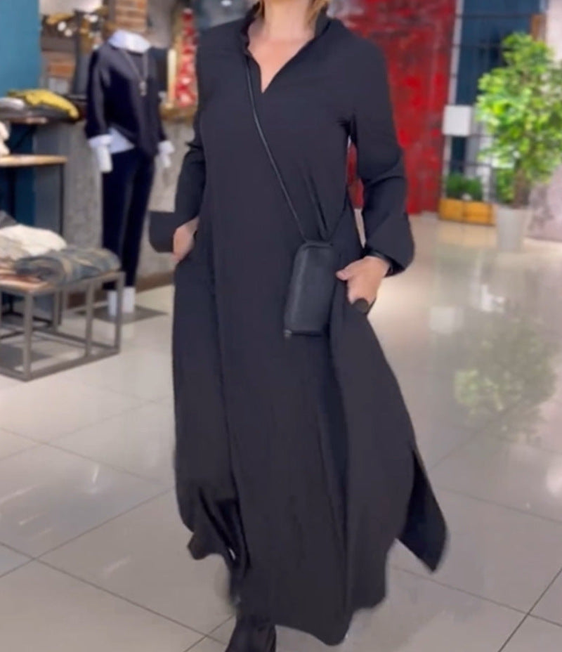 Damen Maxikleid mit praktischen Seitentaschen und modernem Hemdblusenkragen Heidi-Mode