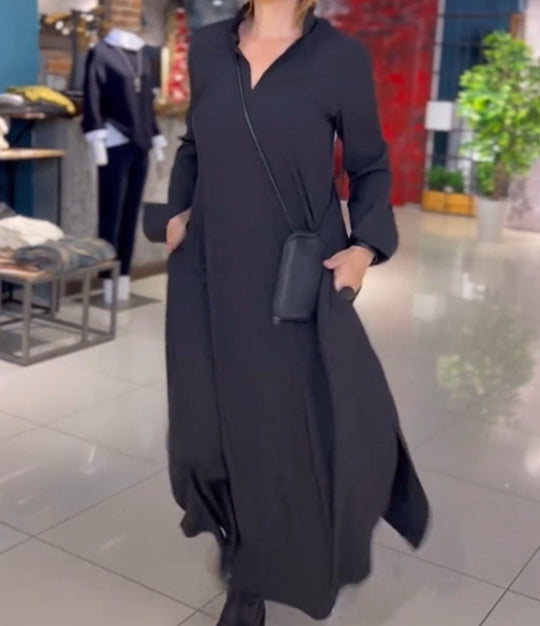 Damen Maxikleid mit praktischen Seitentaschen und modernem Hemdblusenkragen Heidi-Mode