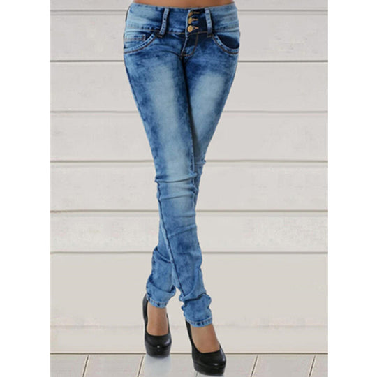 Damen figurbetonte Jeans mit Knopfleiste und lässigem Waschung Heidi-Mode