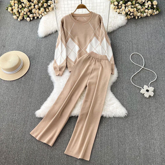 Damen elegantes Strick-Loungewear-Set mit Rautenmuster und weitem Bein Heidi-Mode