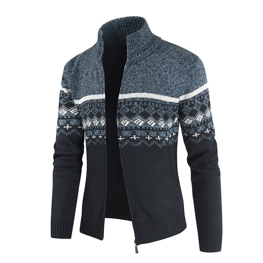 Herren Strickjacke mit Wintermuster und hohem Stehkragen Heidi-Mode
