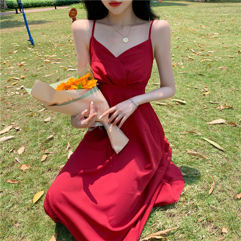 Heidi-Mode | Französisches Retro Satin V-Ausschnitt Roter Sling Urlaubskleid