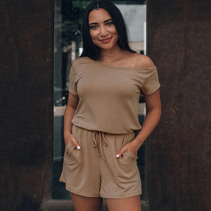 Damen lässiges Kurzoverall-Set mit elastischem Taillenzug und seitlichen Taschen Heidi-Mode