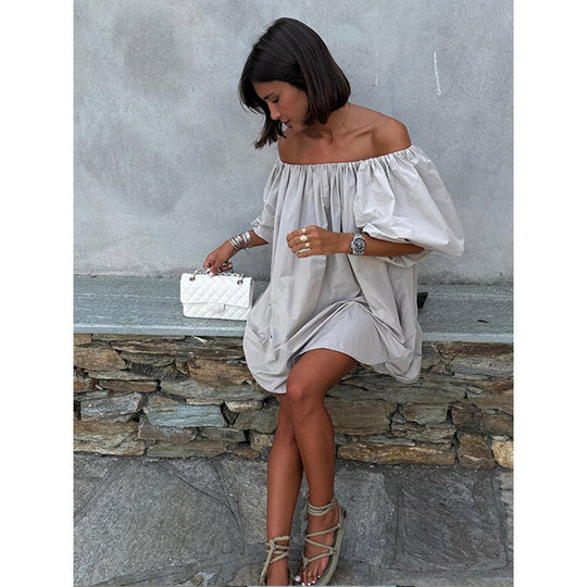 Damen Off-Shoulder Sommerkleid mit voluminösen Ärmeln und fließendem Schnitt Heidi-Mode