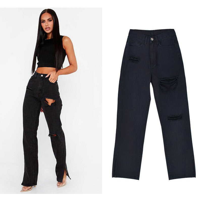 Damen lässige Ripped Jeans mit hoher Taille und modernen Fransen Heidi-Mode