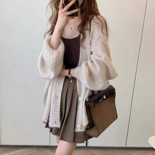 Damen Flauschiger Strickcardigan mit voluminösen Ärmeln und Knopfdetails Heidi-Mode
