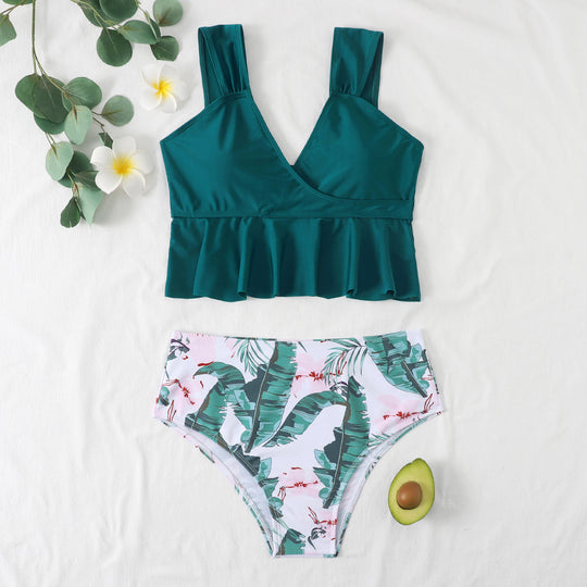 Damen Bademoden Set mit Rüschen und buntem Blatt-Muster Heidi-Mode