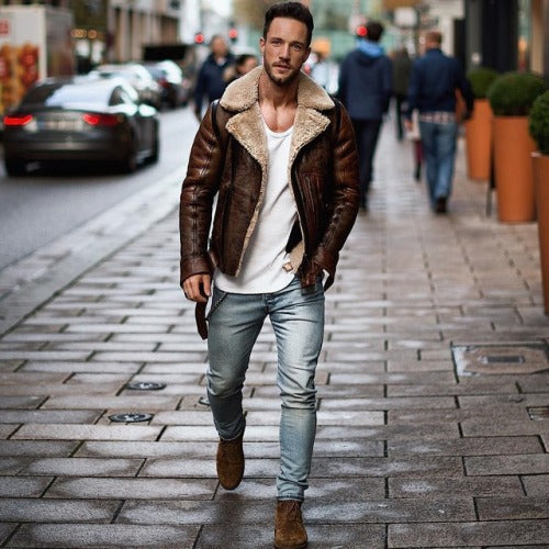 Herren Lederjacke mit schickem Kunstfellkragen Heidi-Mode