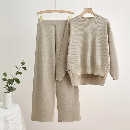 Damen komfortables Strick-Lounge-Set mit überschnittenen Schultern Heidi-Mode