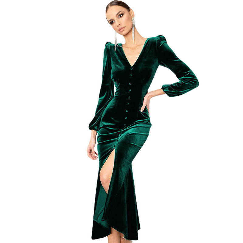 Damen Elegantes Samtkleid mit V-Ausschnitt und Puffärmeln Heidi-Mode