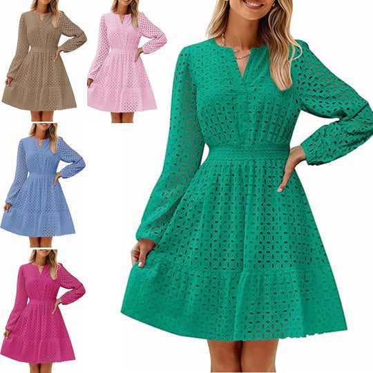 Damen luftiges Blusenkleid mit dekorativem Lochmuster und kräftigen Ärmel Heidi-Mode