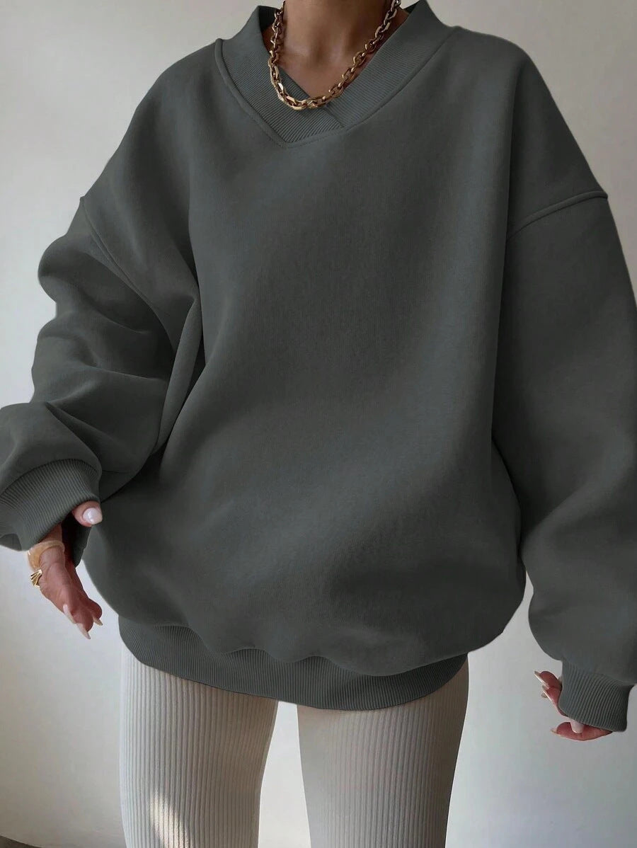 Damen lässiger Pullover mit tiefem V-Ausschnitt und oversized Schnitt Heidi-Mode