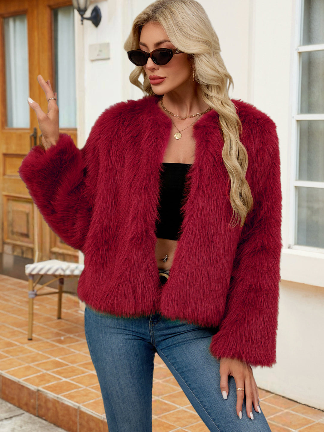 Damen Flauschige Kurzjacke aus Kunstfell mit lockerer Passform Heidi-Mode