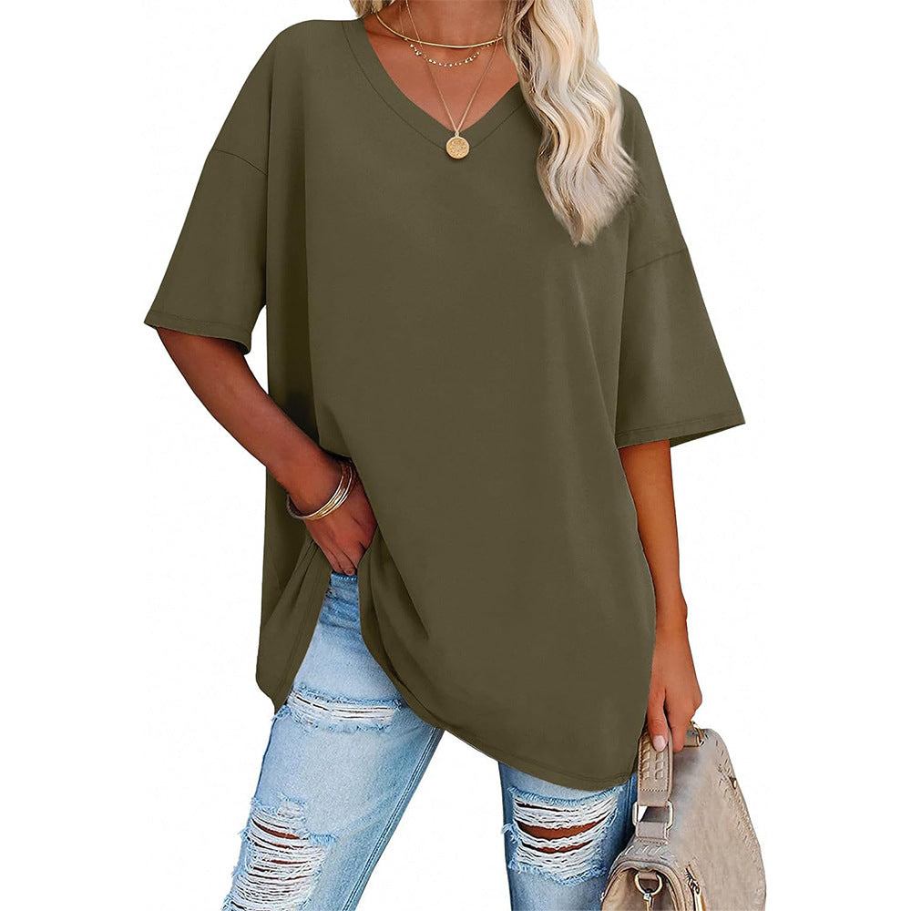 Damen Oversized T-Shirt mit V-Ausschnitt und seitlichen Schlitzen Heidi-Mode