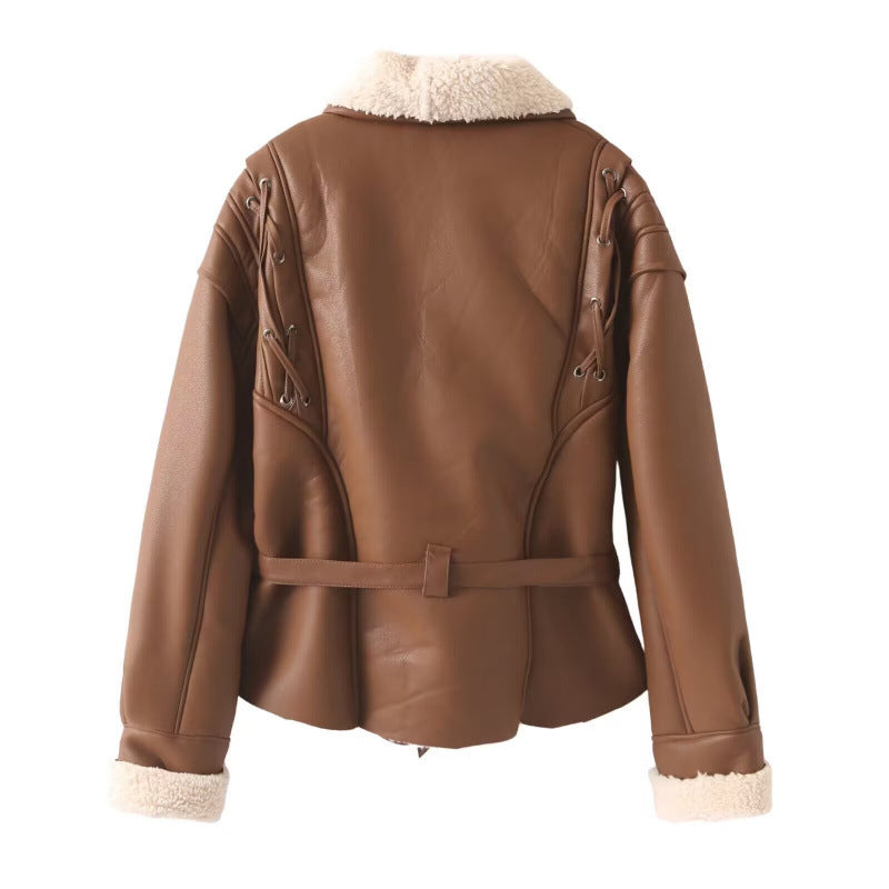 Damen Kunstlederjacke mit warmem Teddyfutter und eleganten Schnürdetails Heidi-Mode