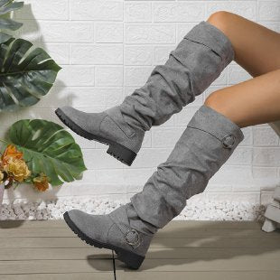 Damen Overknee-Stiefel aus weichem Wildleder mit dekorativem Schnallen-Detail Heidi-Mode