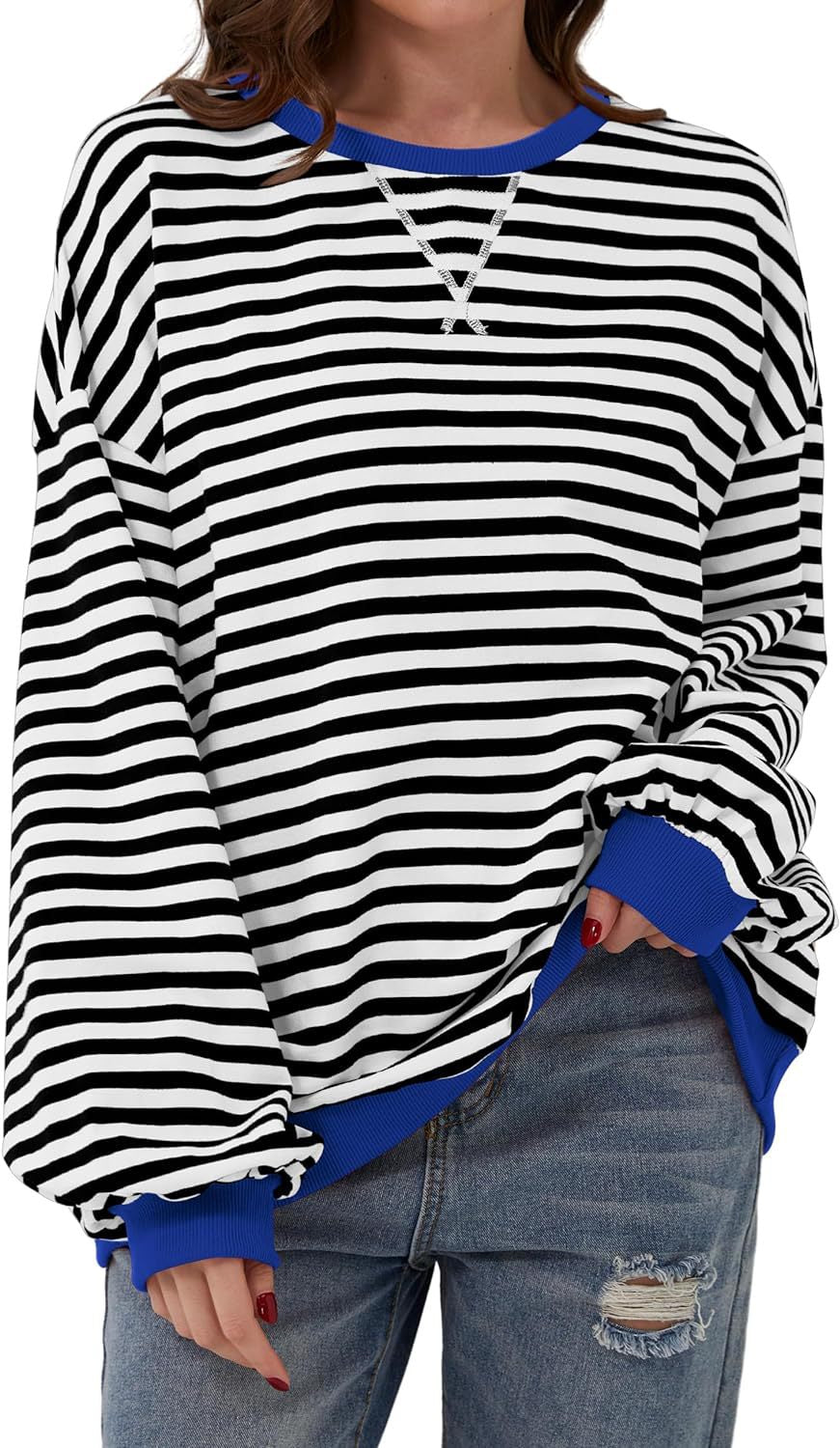 Damen lässiger Oversized Sweatshirt mit bunten Streifen und Kapuzenkordel Heidi-Mode