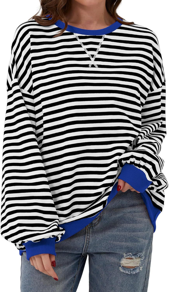 Damen lässiger Oversized Sweatshirt mit bunten Streifen und Kapuzenkordel Heidi-Mode
