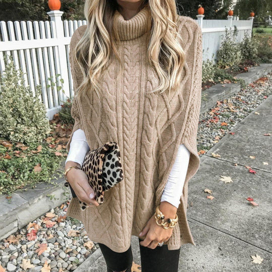 Damen Kuschelponcho mit hohem Kragen und Zopfmuster Heidi-Mode