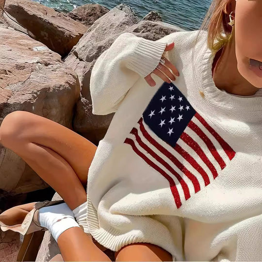 Damen Strickpullover mit amerikanischem Flaggenmotiv Heidi-Mode
