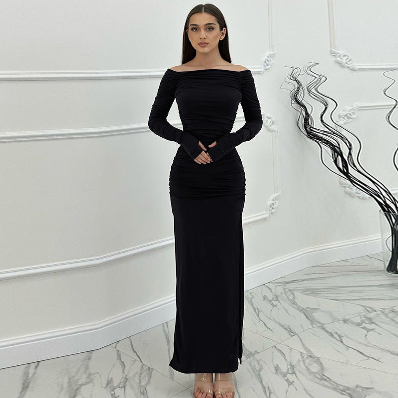 Damen figurbetontes Maxikleid mit Raffungen und elegantem Schlitz Heidi-Mode