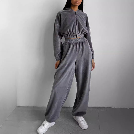 Damen Sportliches Cropped Sweatshirt und Jogginghose Set mit elastischem Bund Heidi-Mode